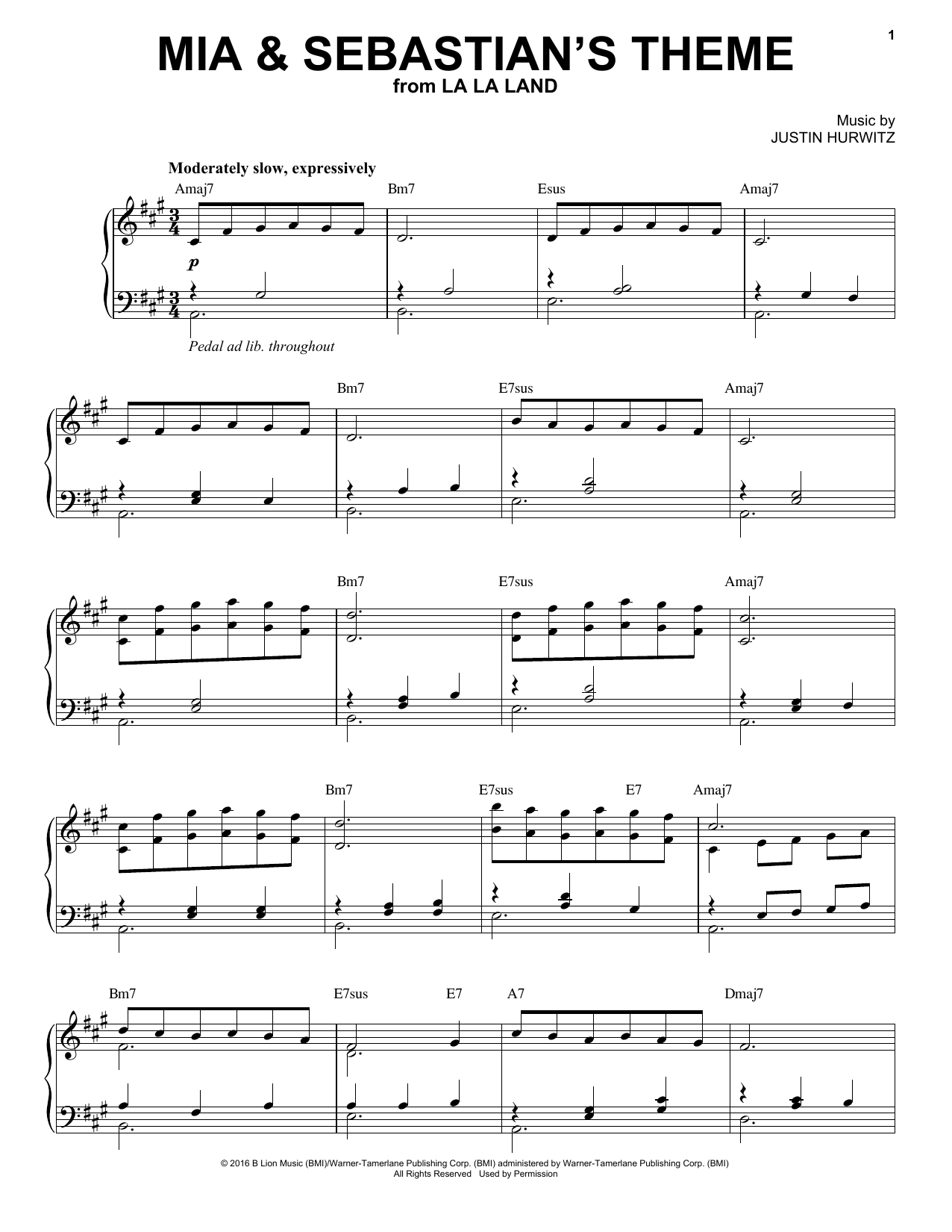 mia & sebastians theme sheet music