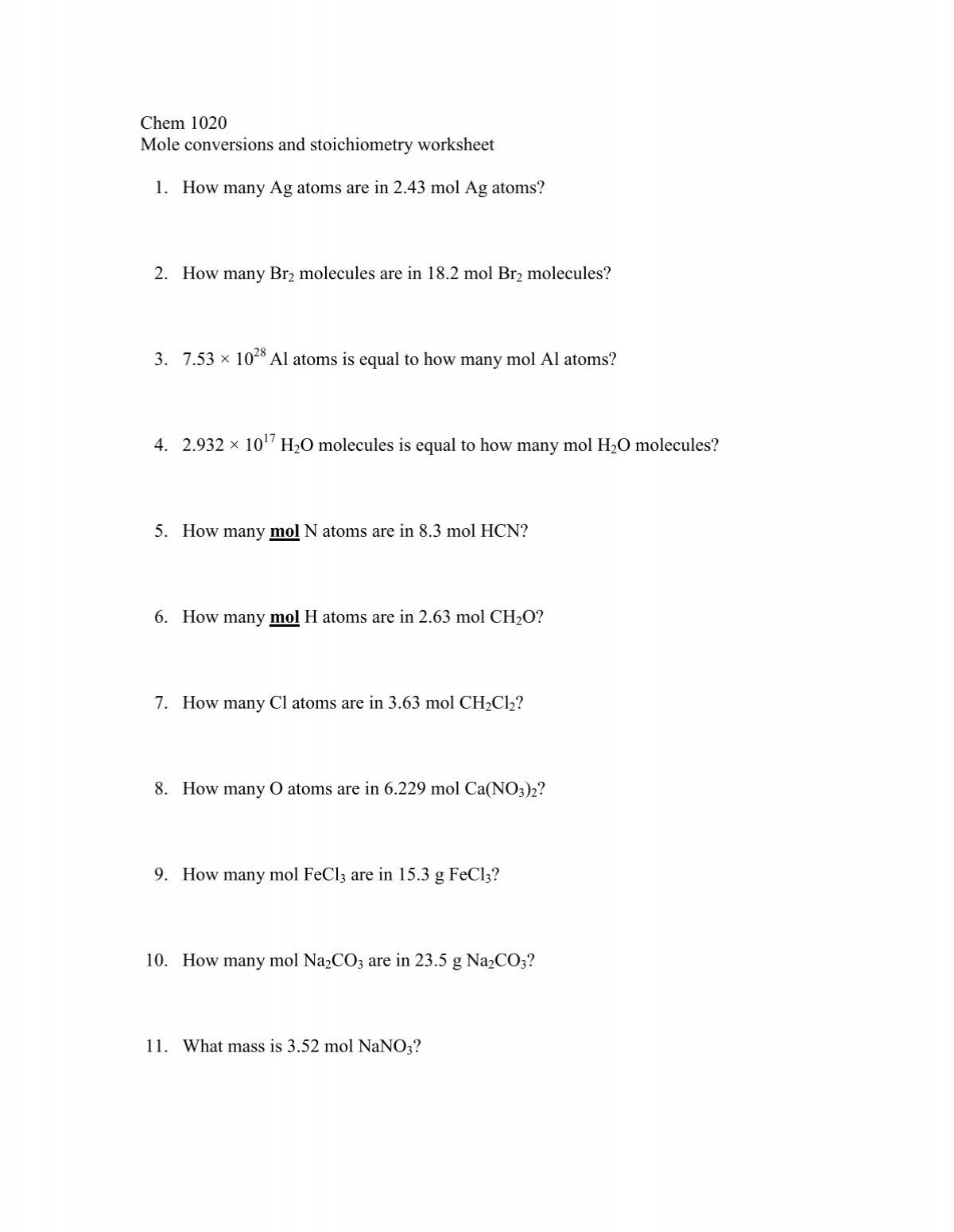 mole to mole conversion worksheet answers