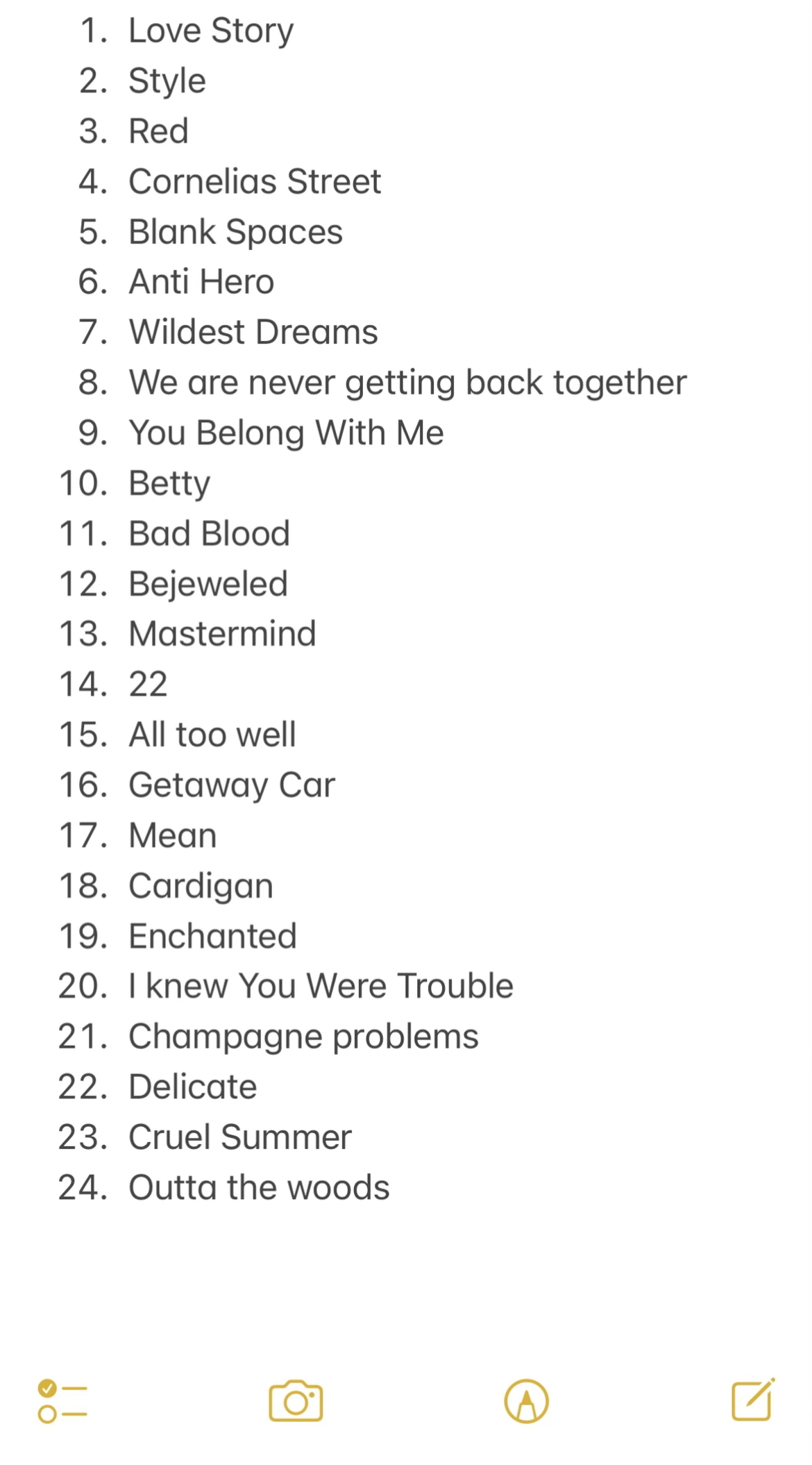 name all of taylor swift songs