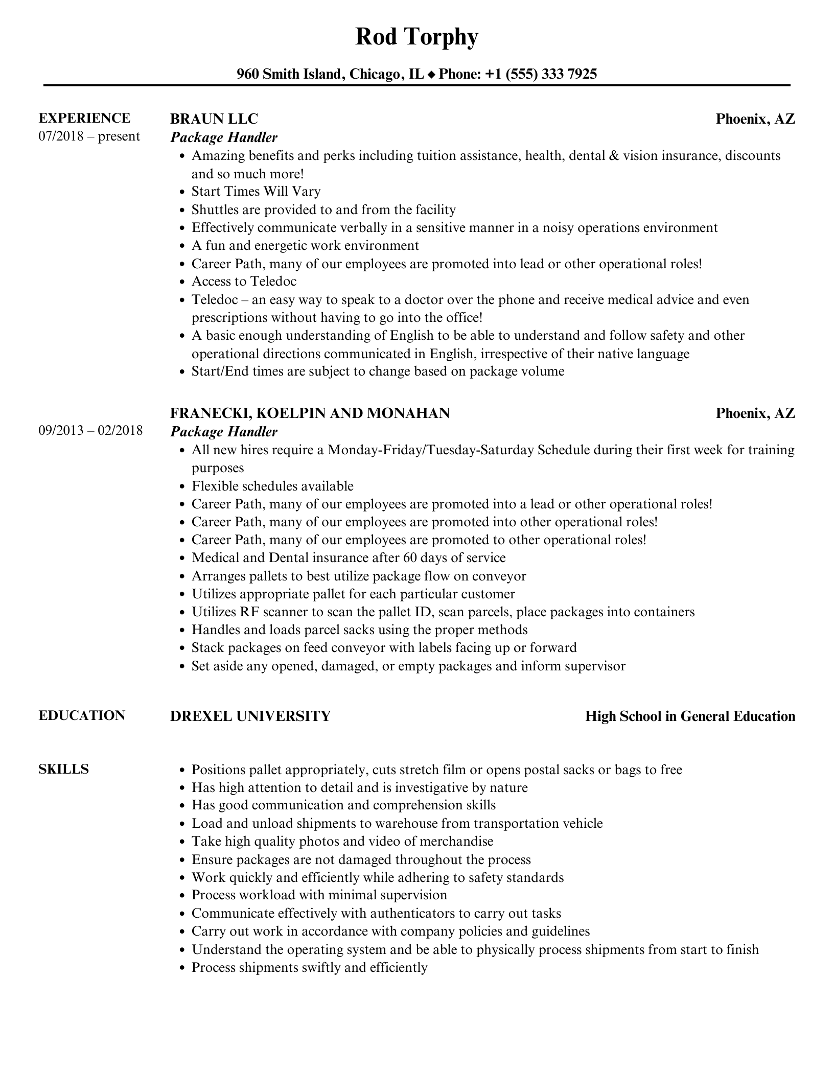 package handler job description for resume