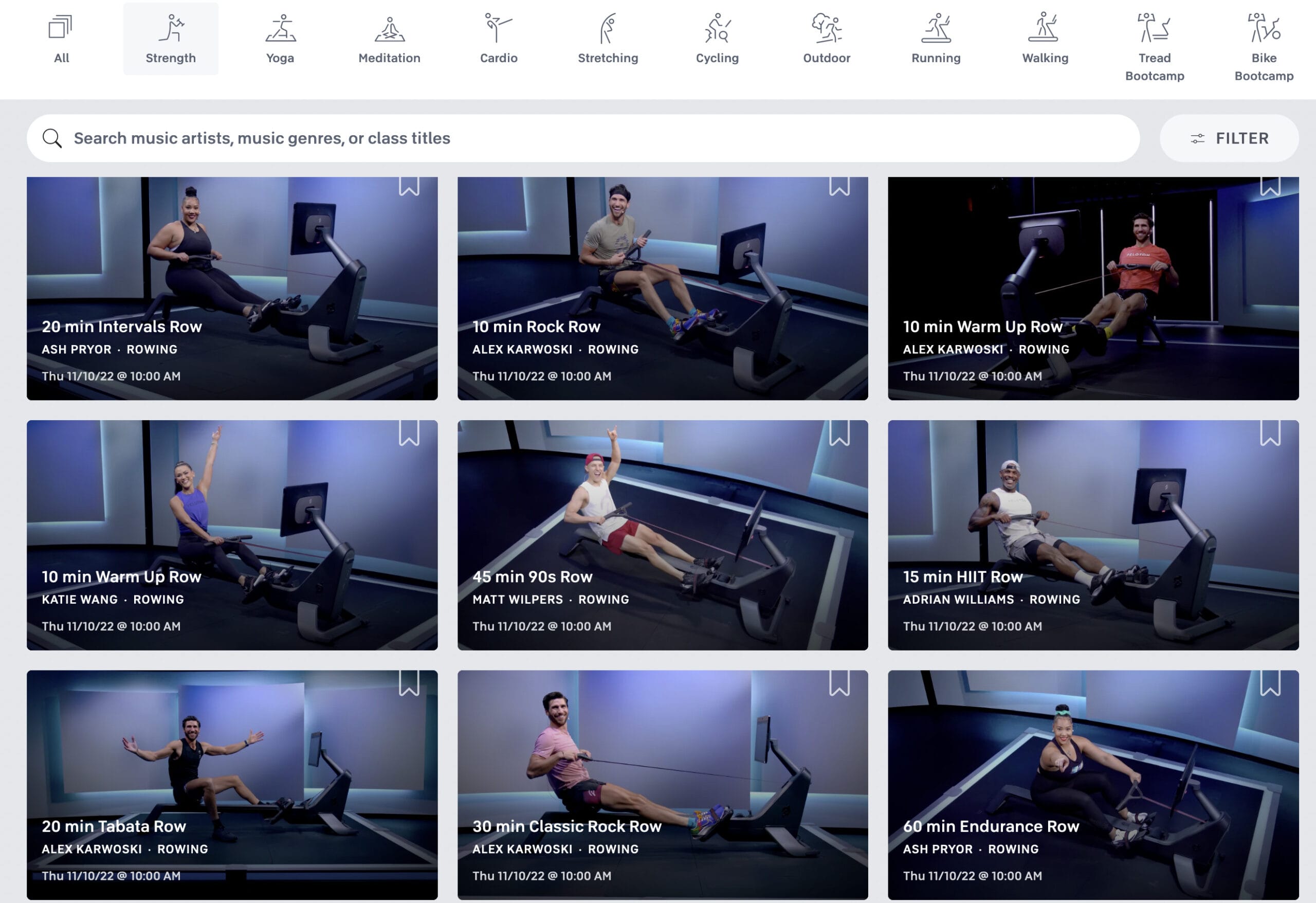 peloton rowing classes app