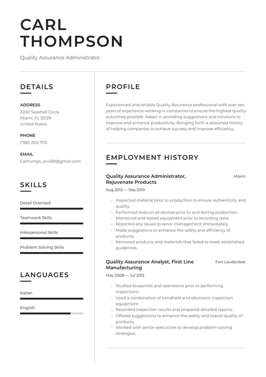 quality assurance resume sample