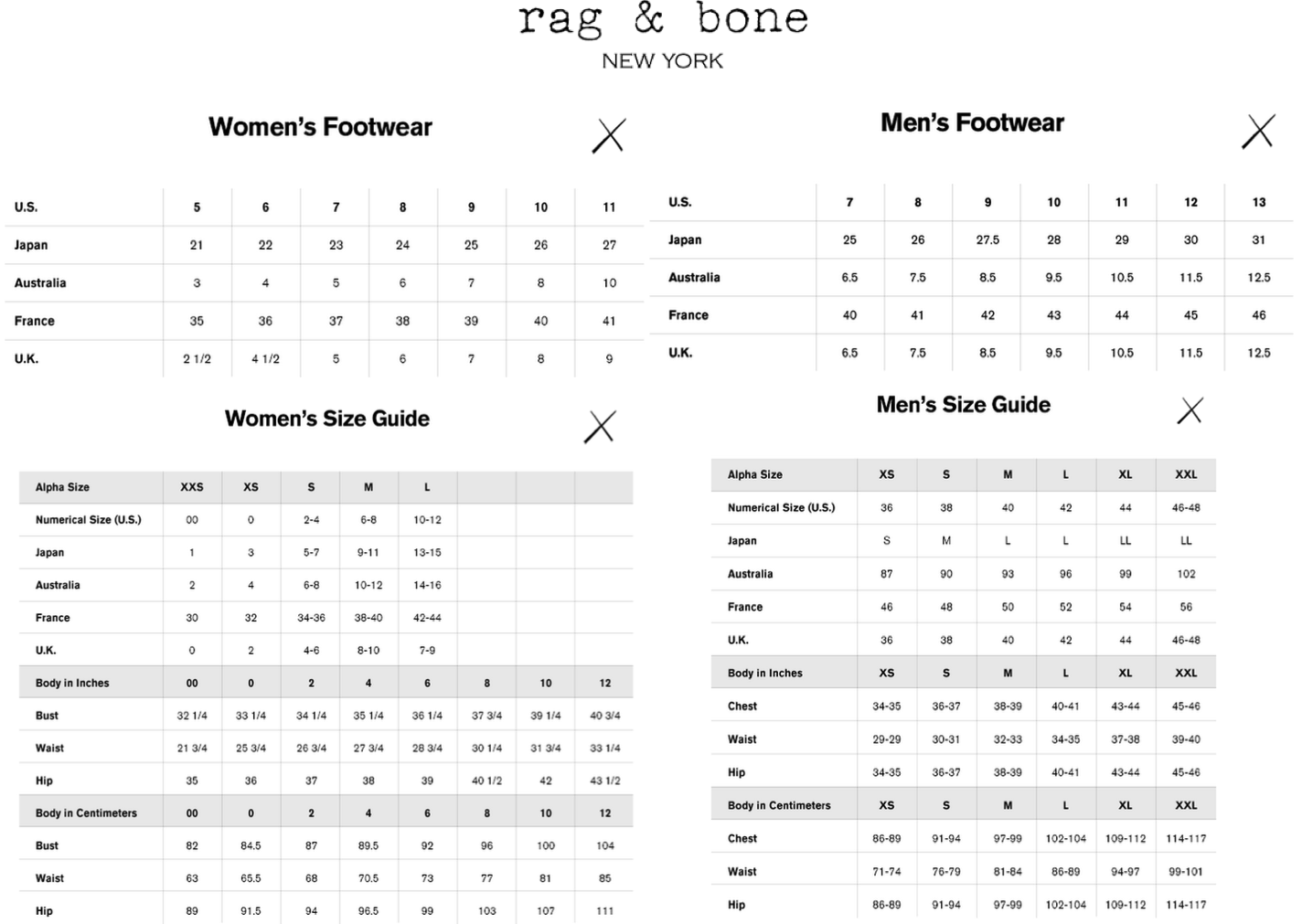 rag & bone size chart