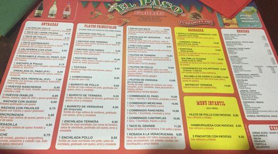 restaurante mexicano el paso menú