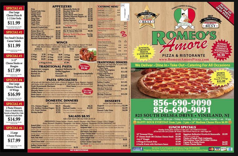 romeos pizza & ristorante vineland menu