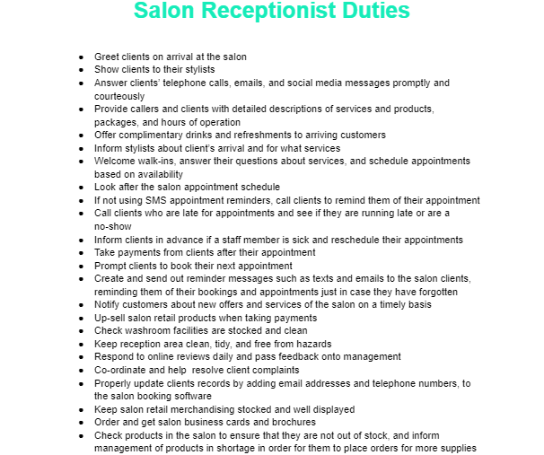 salon receptionist positions