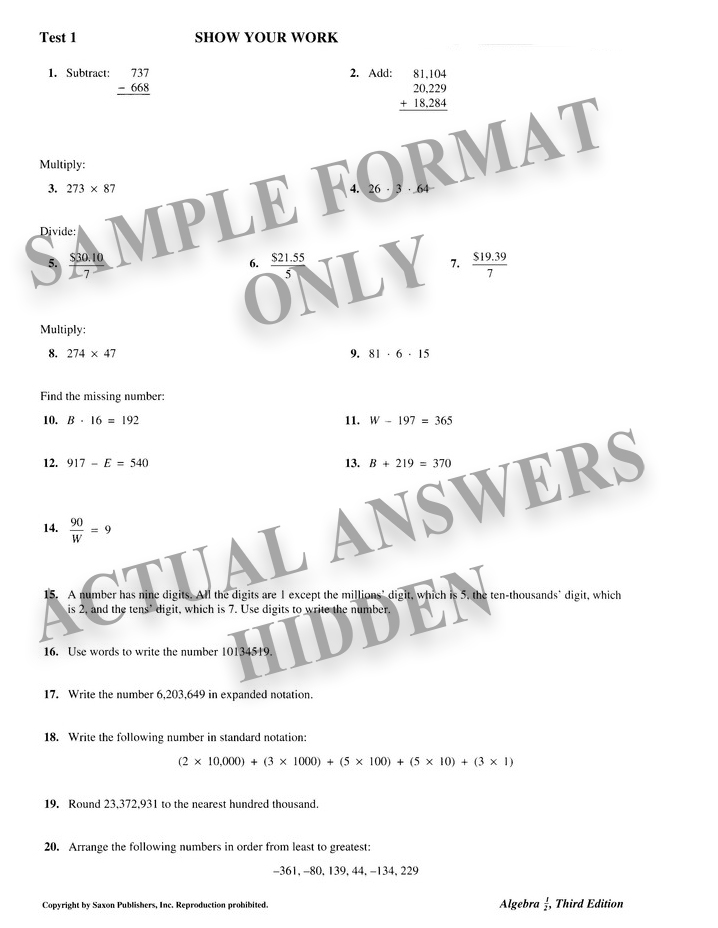 saxon algebra 1 2 test forms pdf