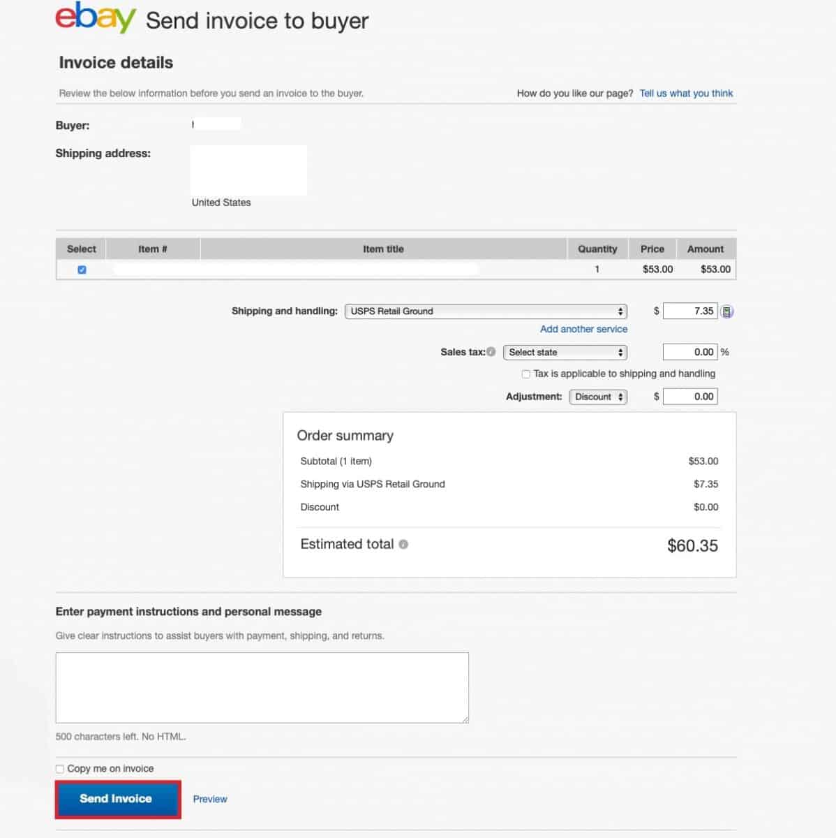 sending an invoice on ebay