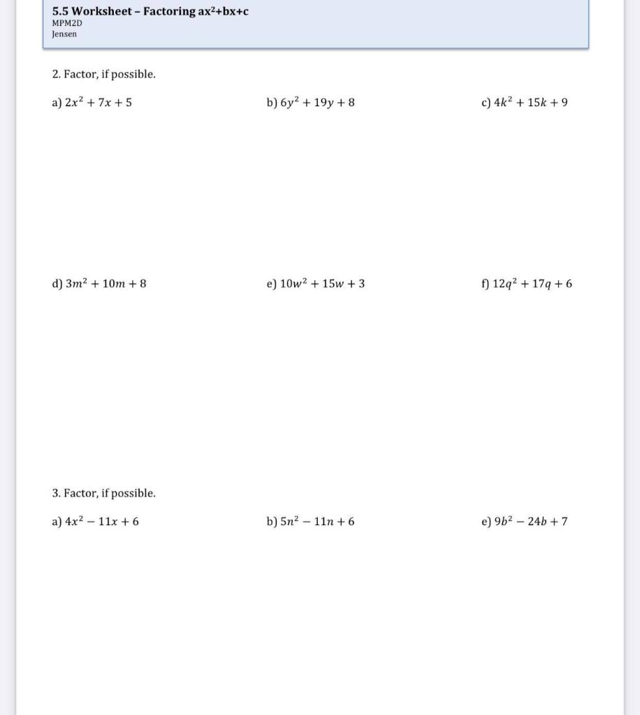 solving ax2 bx c 0 by factoring worksheet