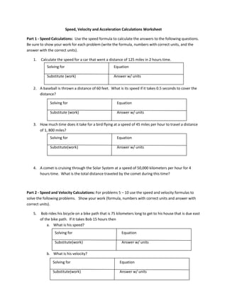 speed velocity and acceleration calculations worksheet