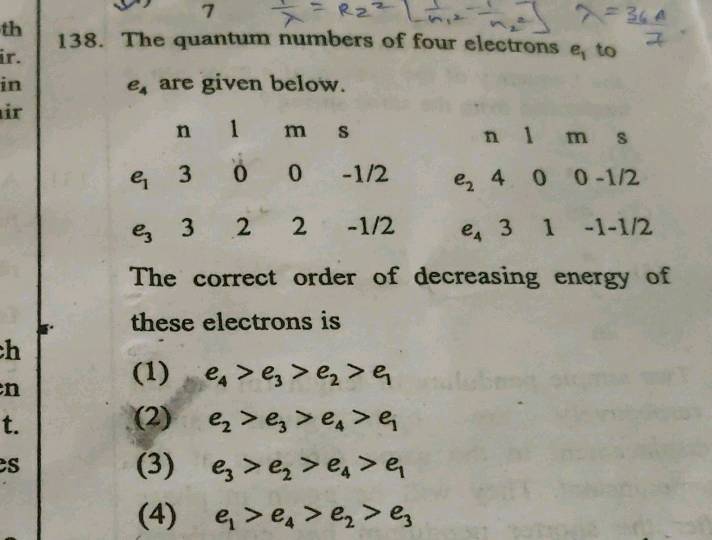 the quantum number of four electrons are given below