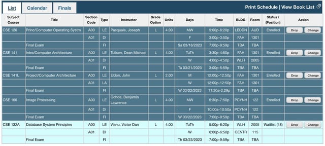 ucsd schedule of classes