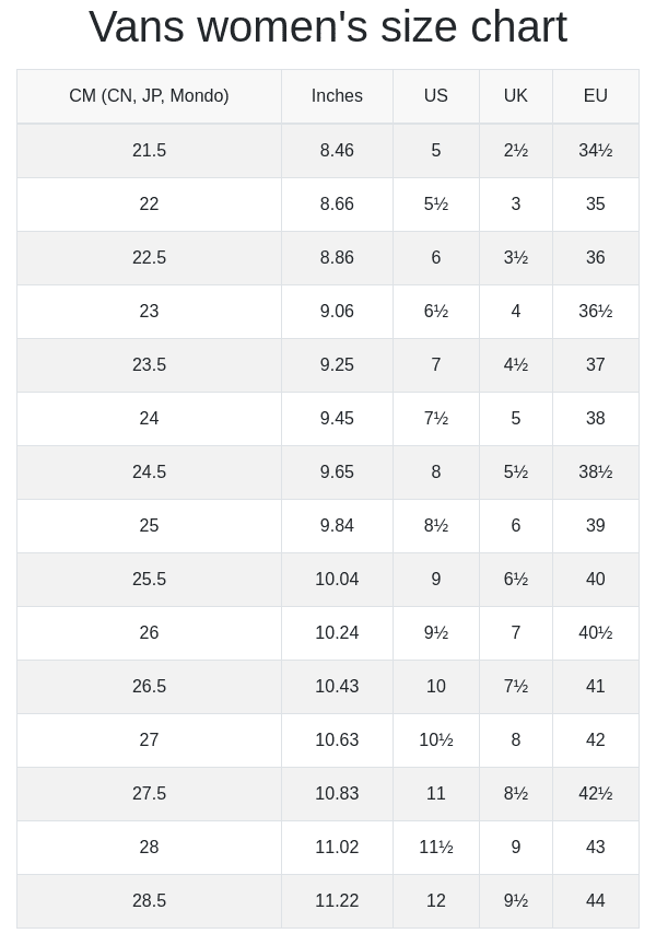 vans sizing chart