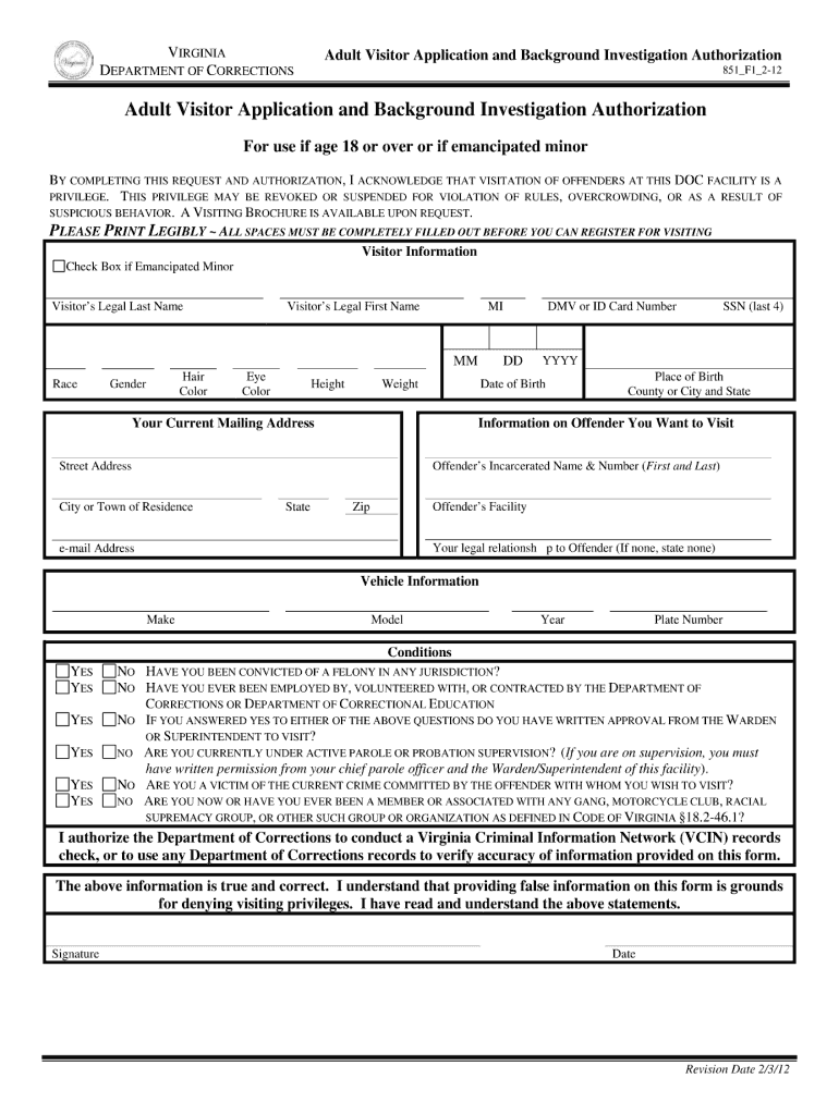 virginia department of corrections visitation application