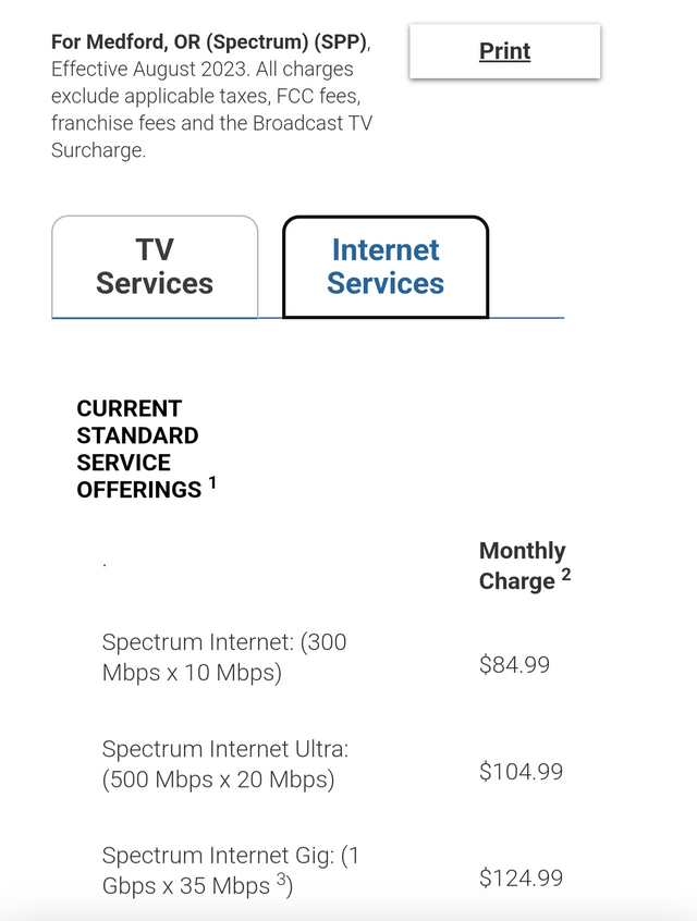 what are spectrum standard rates