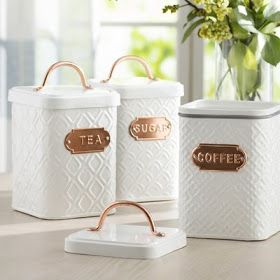 white and rose gold tea coffee sugar canisters