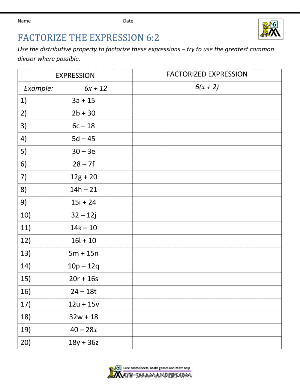 worksheet distributive property